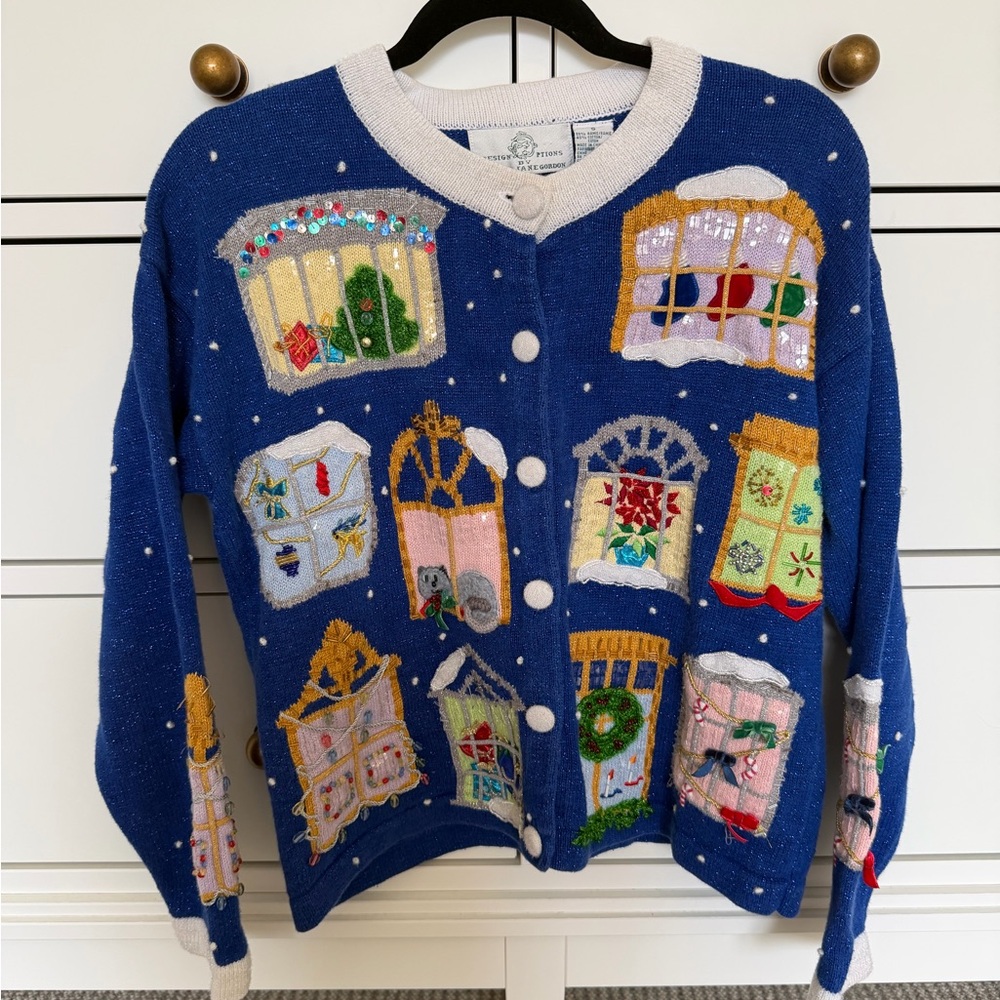 Blue Christmas party Cardigan Sweater with Festive Embroidery